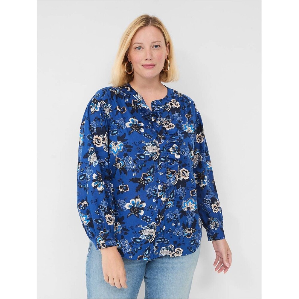 Lane Bryant Ruffled Button Down Blouse Womens 22 Blue Floral 100% Cotton Top